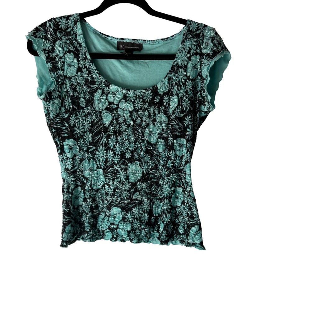 INC International Concepts Y2k Floral Lace Top Aqua Blue Black Fairy Whimsigoth